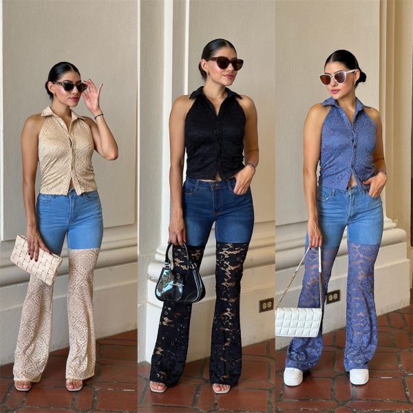 LACE DENIM PANTS AND HALTER NECK SLEEVLESS 2 PCS SET - PACK OF 3