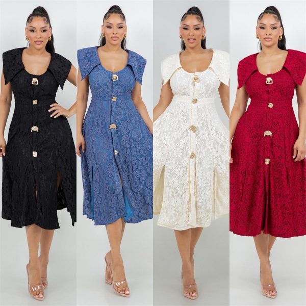 SHORT SLEEVE BUTTON DOWN LACE MIDDY DRESS - PACK OF 3