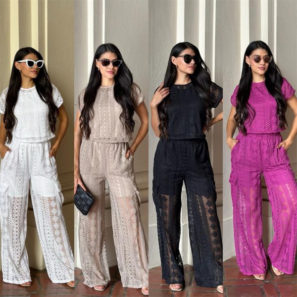 CARGO LACE PANTS & SHORT SLEEVE LACE TOP 2 PCS SET - PACK OF 3