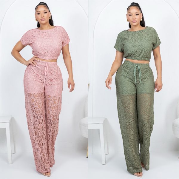 SHORT SLEEVE LACE TOP AND LACE PANTS 2 PCS SET - PACK OF 3